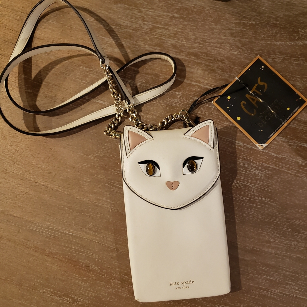 NWT! KATE SPADE Adorable Cat Face Crossbody in White & Cream w/ Gemstone Eyes